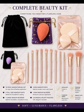 Complete Beauty Kit - Pink Full Size Makeup Brush Set with Orange Blender & More